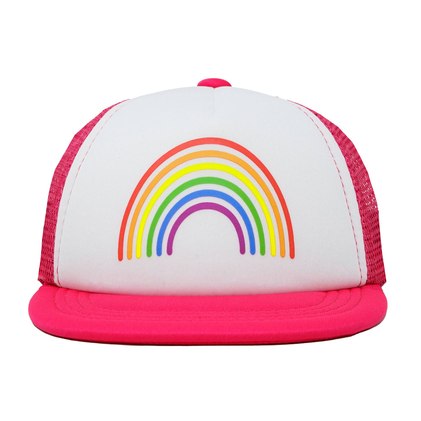 Flat Brim Trucker Hat: Rainbow (Hot Pink/White)