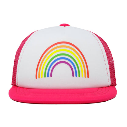 Flat Brim Trucker Hat: Rainbow (Hot Pink/White)