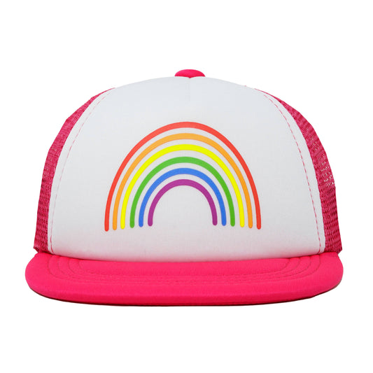Flat Brim Trucker Hat: Rainbow (Hot Pink/White)