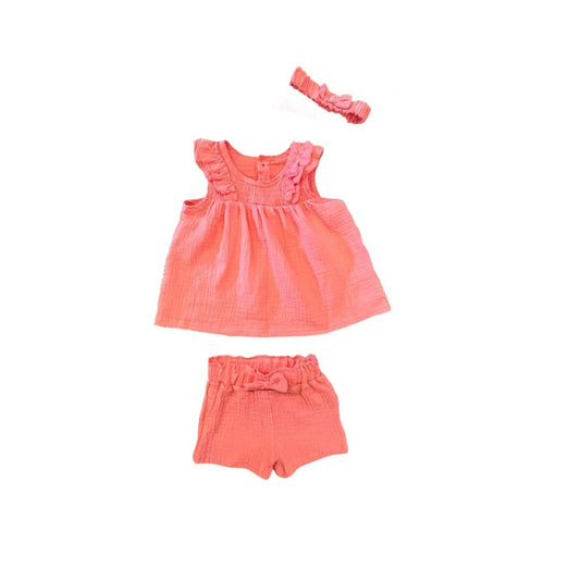 3-Piece Coral Muslin Ruffle Top, Short & Headband set for Baby Girl