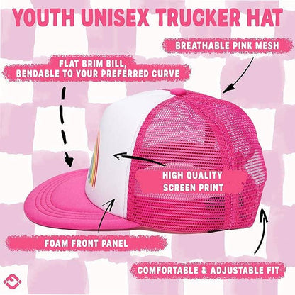 Flat Brim Trucker Hat: Rainbow (Hot Pink/White)
