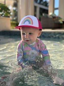 Flat Brim Trucker Hat: Rainbow (Hot Pink/White)