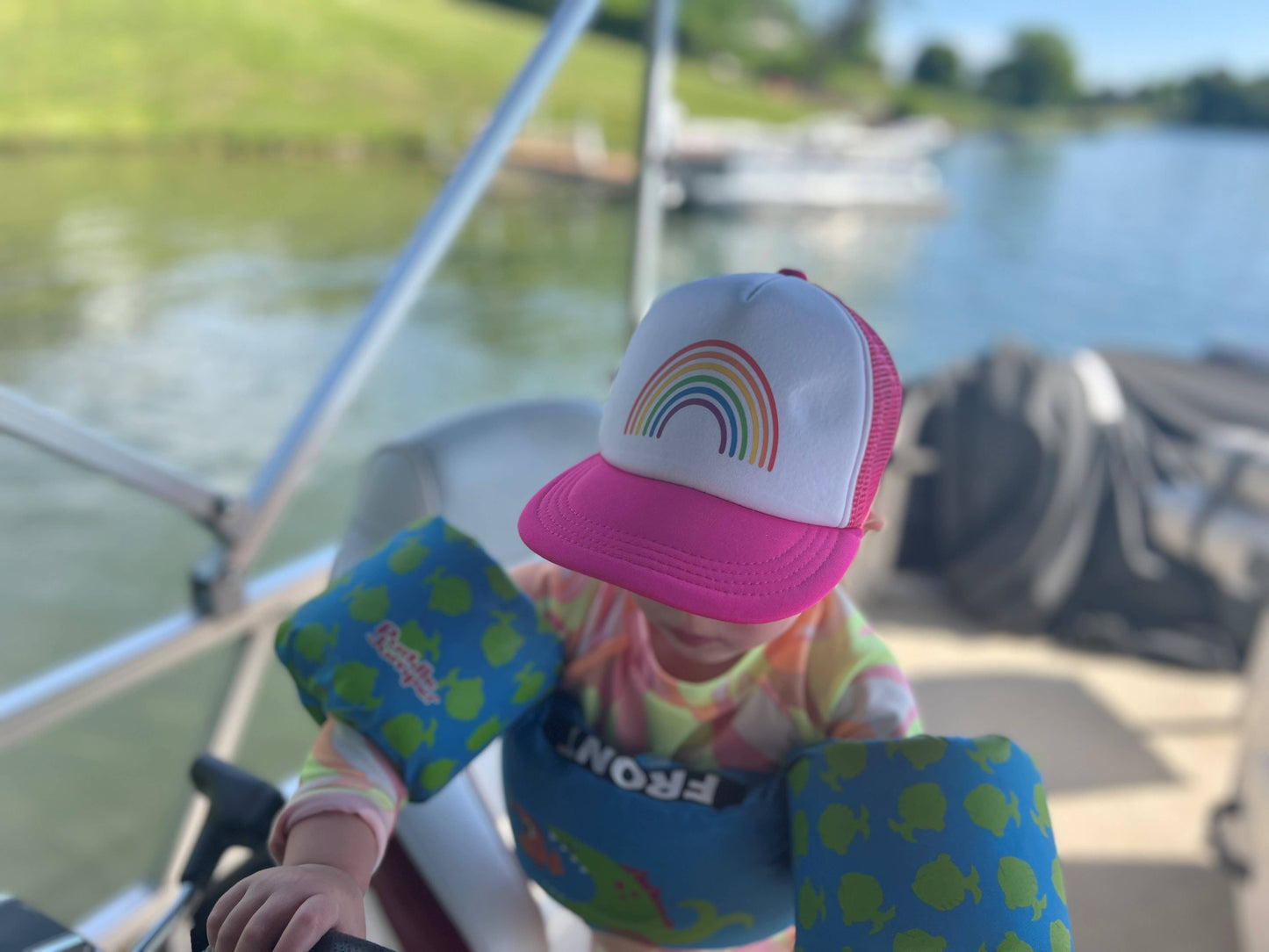 Flat Brim Trucker Hat: Rainbow (Hot Pink/White)