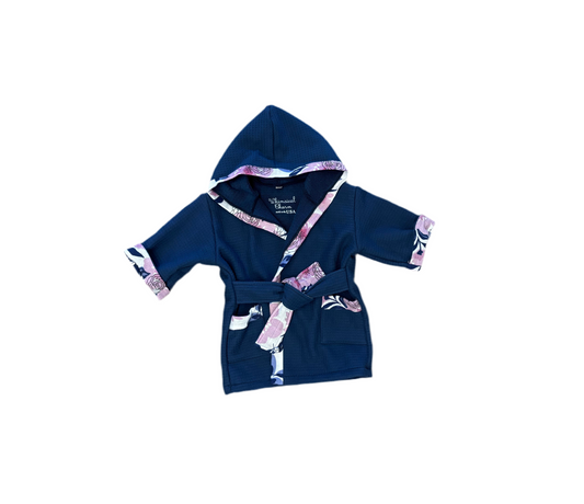 Bath, Beach or Pool Robe in Navy with Lilac Floral Trim