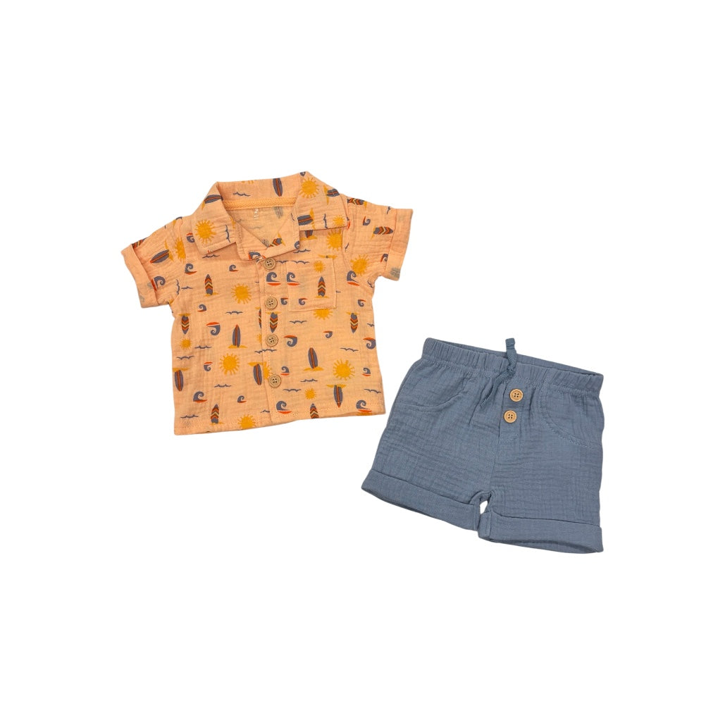 2-Piece Surf Print Muslin Shirt & Short Set for Baby Boy