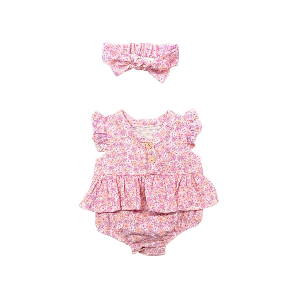 2-Piece Floral Ruffle Romper & Bow Headband Set for Baby Girl
