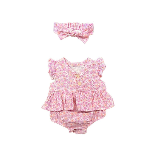 2-Piece Floral Ruffle Romper & Bow Headband Set for Baby Girl