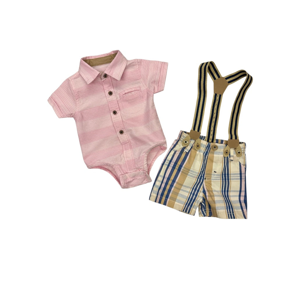 2-Piece Pink Stripe Onesie & Plaid Suspender Set for Baby Boy