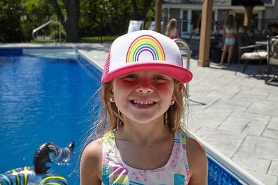 Flat Brim Trucker Hat: Rainbow (Hot Pink/White)